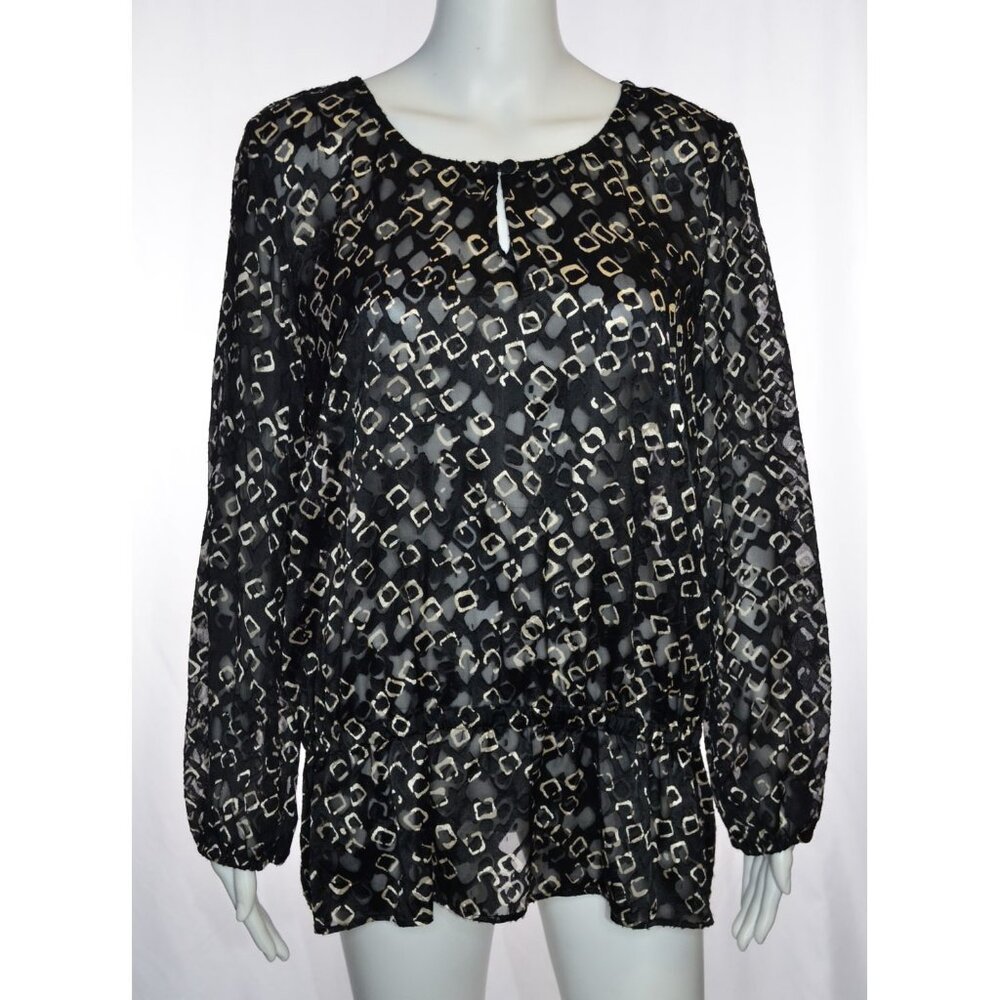Chico’s Peplum Hem Semi-Sheer Burn Out Blouse Black/Gold Size 1 (Medium)